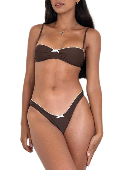 Alyweatry Women Y2k Bikinis Sets Coquette Aesthetic Bows Halter Tie Up Bikini Top High Cut Elastic Waist Bikini Bottom (Lacce Trim Brown L) Large